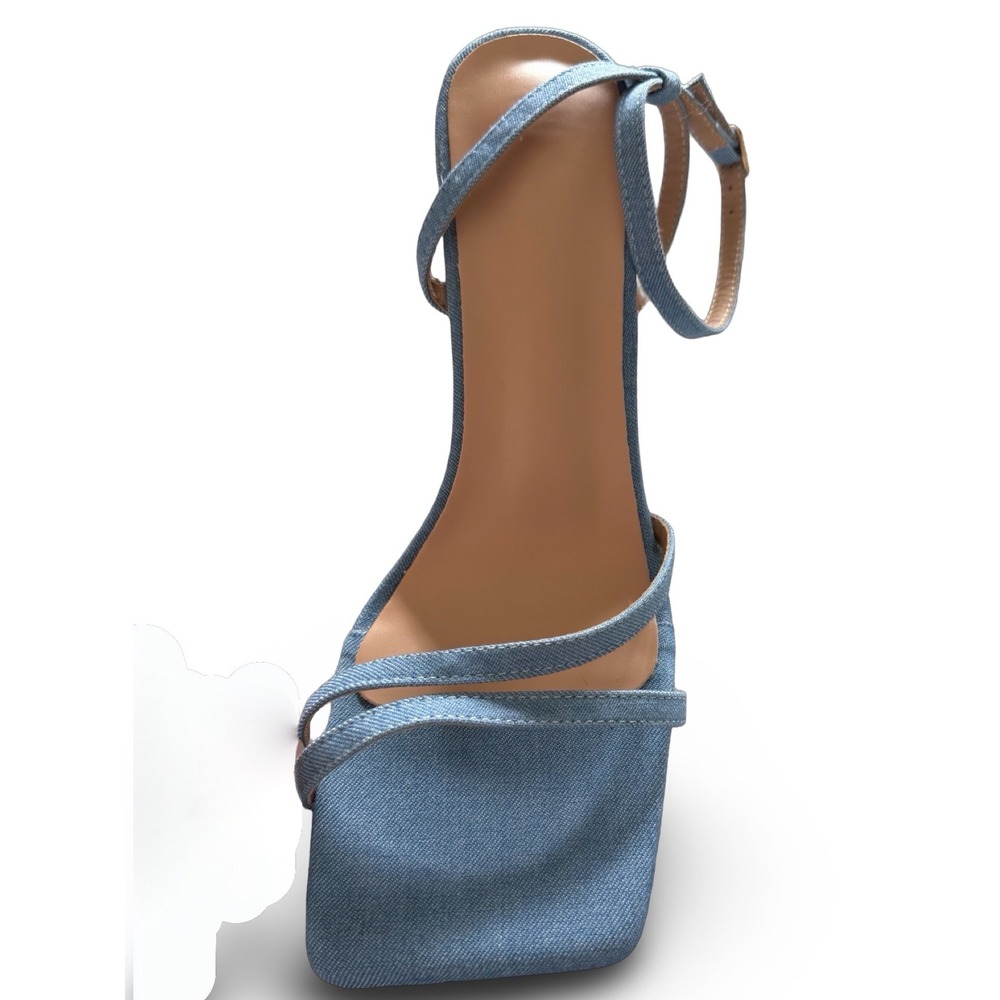 Light Blue Denim Strappy Square Toe Stiletto Heels Ankle Strap Sandals Sz 9 NEW - Picture 6 of 13